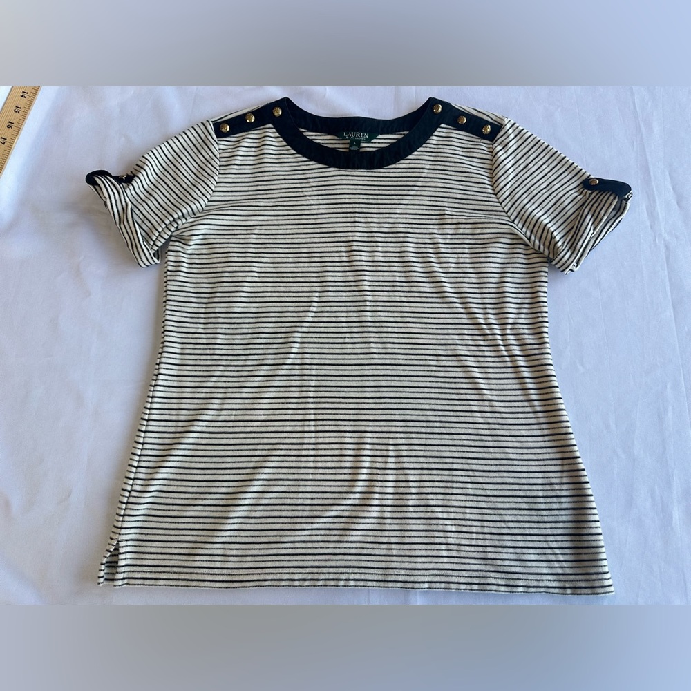 Lauren Ralph Lauren Black and Cream Striped Short Sleeve Tee with Button Detail